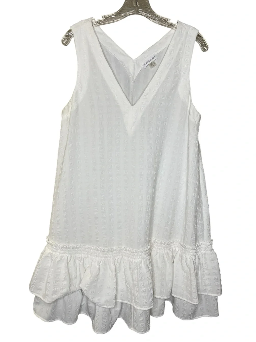 Calvin Klein women's white sleeveless V-neck ruffled A-line mini dress Sz 10 - Picture 2 of 5